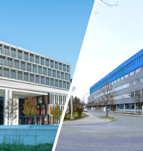 Außenansicht der beiden Amgen Standorte in München