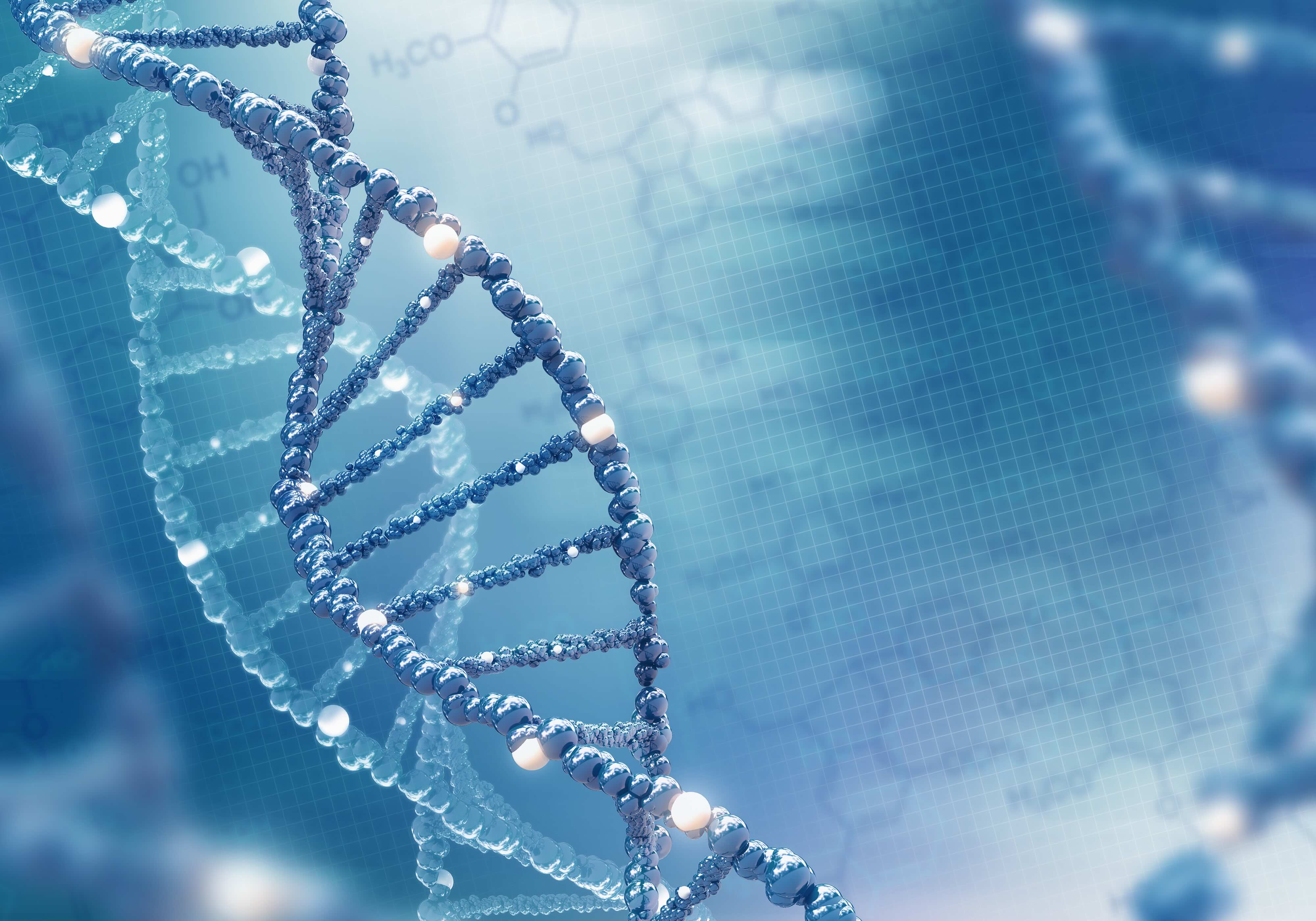 Visualisierung mehrerer DNA-Doppelhelix-Str&auml;nge vor blauem, wissenschaftlich anmutendem Hintergrund